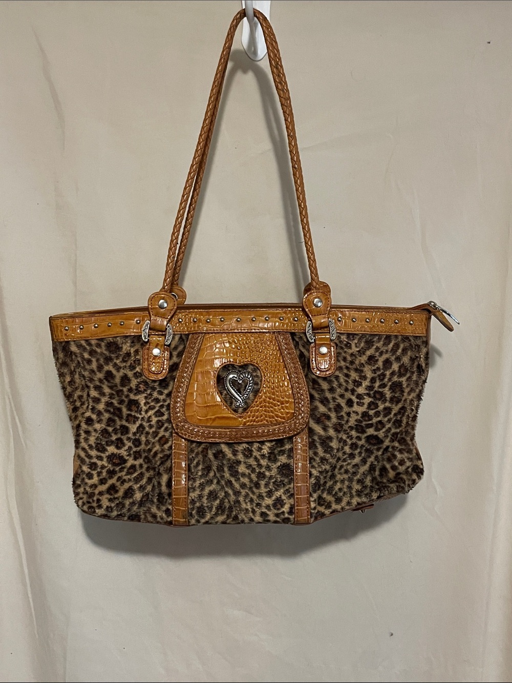 M.C. Leopard-Print Tote Bag with Tan Leather Trim and Silver Accents